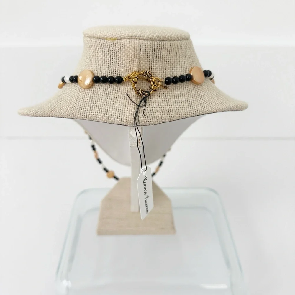 NWT Genuine Black Onyx & Pearls Necklace Black Bronze White
